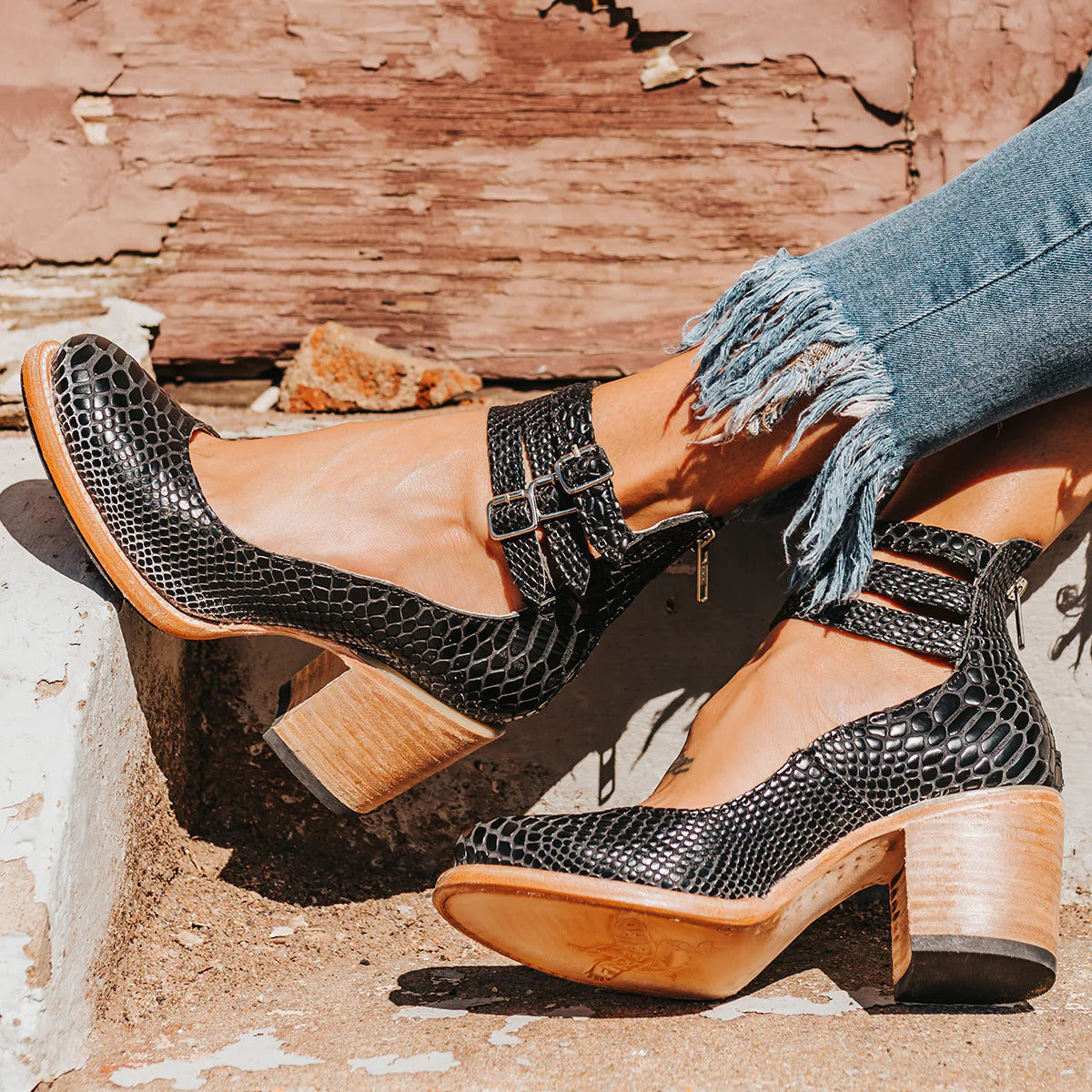 Three-Strap Snake Print High-Heel Pumps
