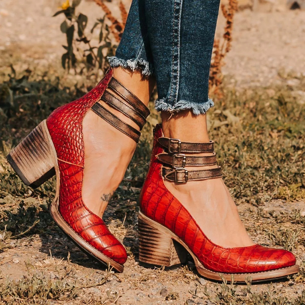 Three-Strap Snake Print High-Heel Pumps