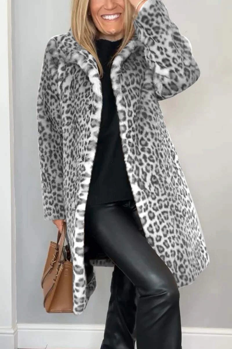 Women’s Leopard Print Plush Mid-Length Coat