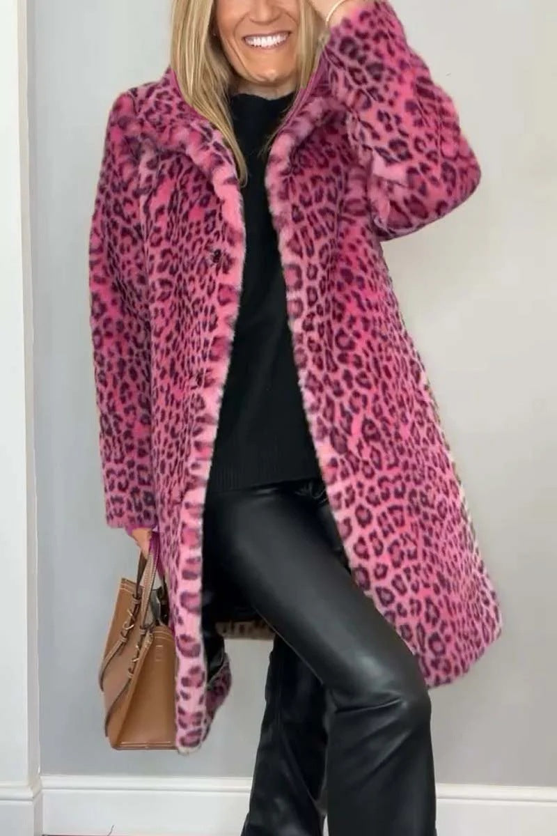Women’s Leopard Print Plush Mid-Length Coat