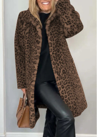Women’s Leopard Print Plush Mid-Length Coat