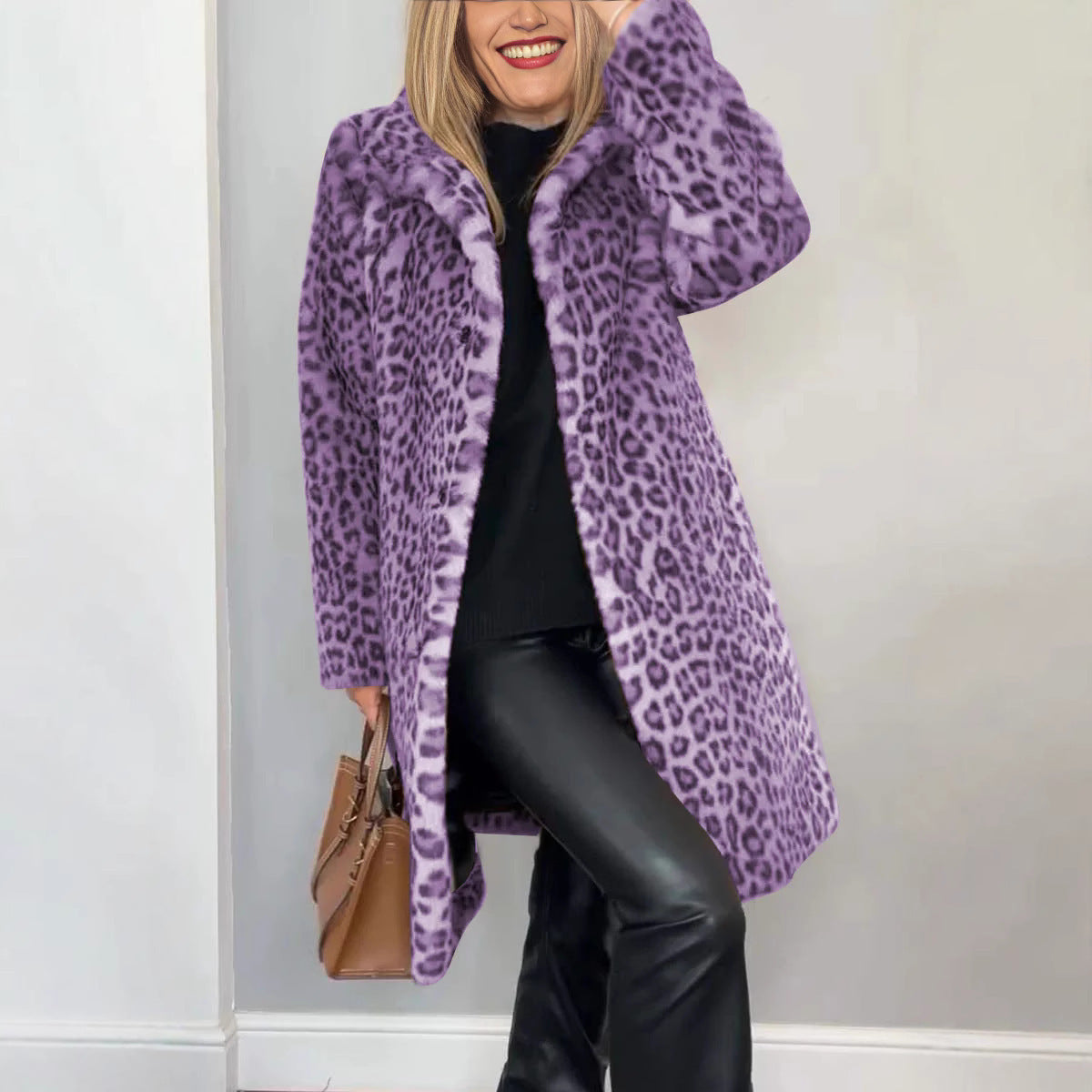 Women’s Leopard Print Plush Mid-Length Coat
