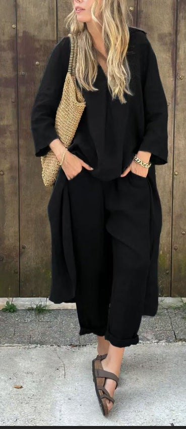 Long-sleeved Suits Loose V-neck Long Top And High Waist Wide Leg Pants With Pockets