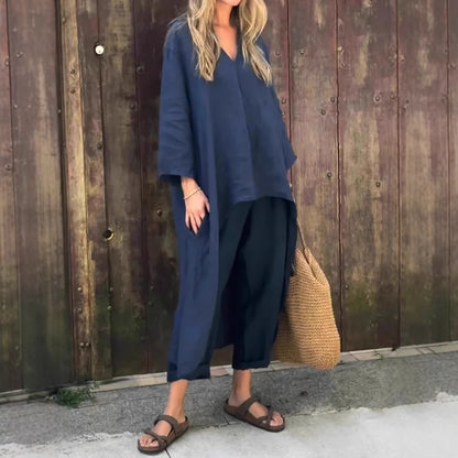 Long-sleeved Suits Loose V-neck Long Top And High Waist Wide Leg Pants With Pockets