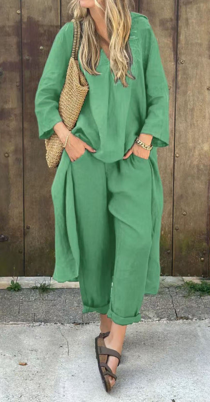 Long-sleeved Suits Loose V-neck Long Top And High Waist Wide Leg Pants With Pockets