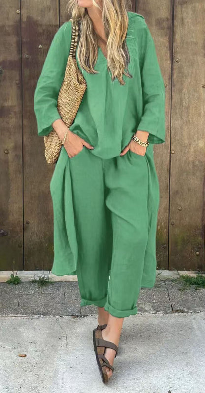 Long-sleeved Suits Loose V-neck Long Top And High Waist Wide Leg Pants With Pockets