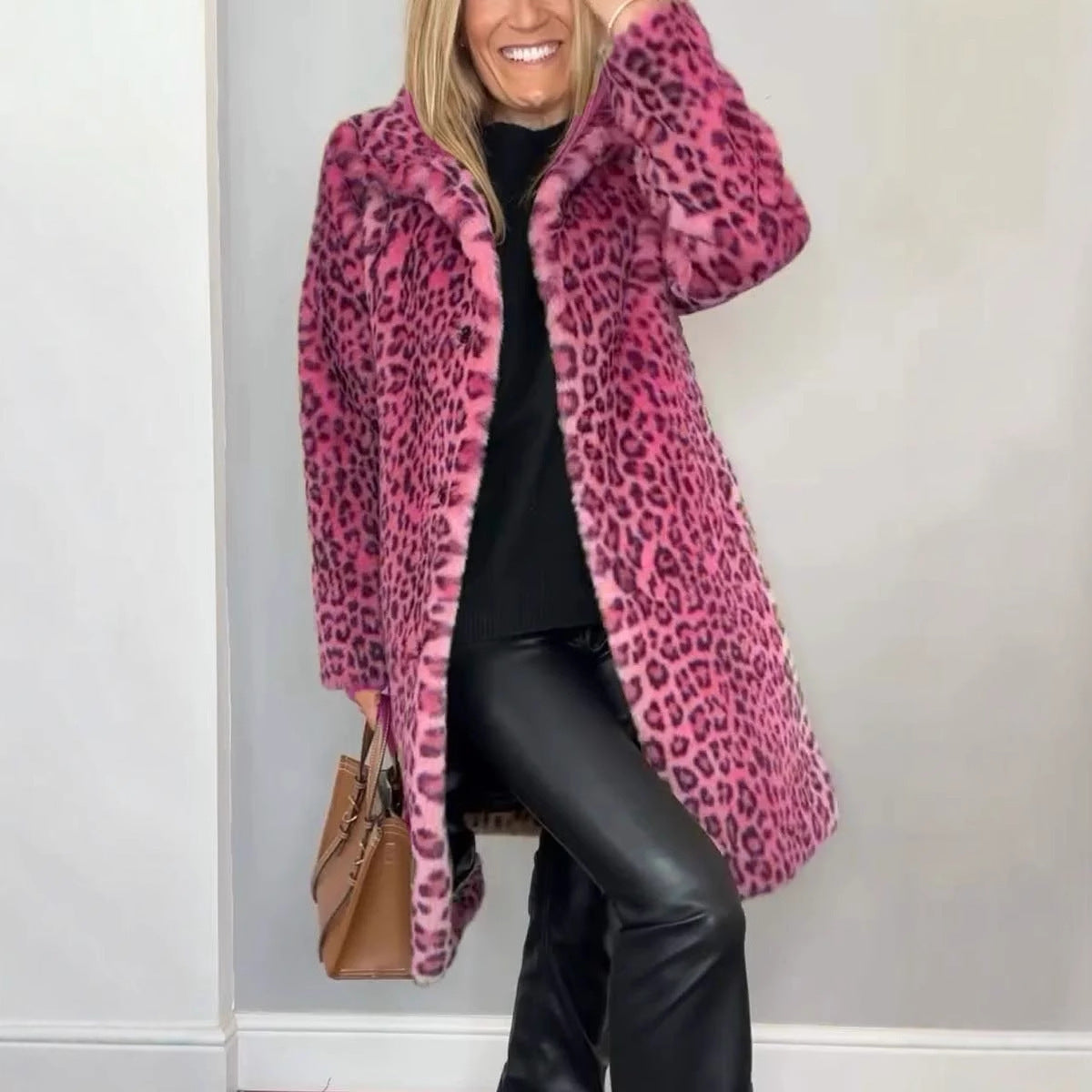 Women’s Leopard Print Plush Mid-Length Coat
