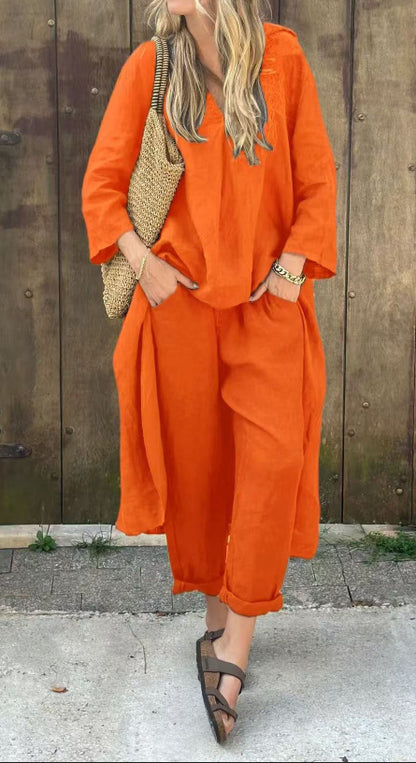 Long-sleeved Suits Loose V-neck Long Top And High Waist Wide Leg Pants With Pockets