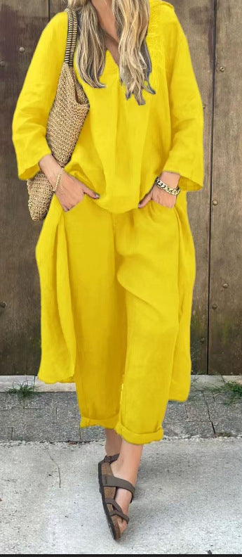 Long-sleeved Suits Loose V-neck Long Top And High Waist Wide Leg Pants With Pockets