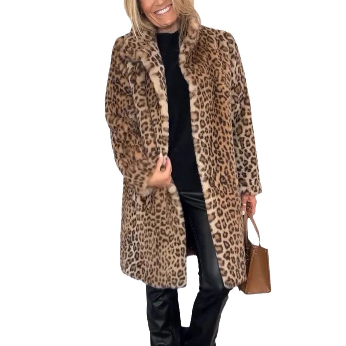 Women’s Leopard Print Plush Mid-Length Coat