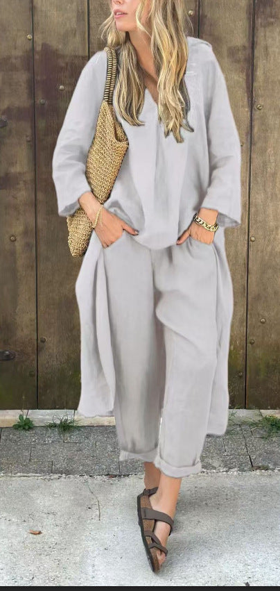 Long-sleeved Suits Loose V-neck Long Top And High Waist Wide Leg Pants With Pockets