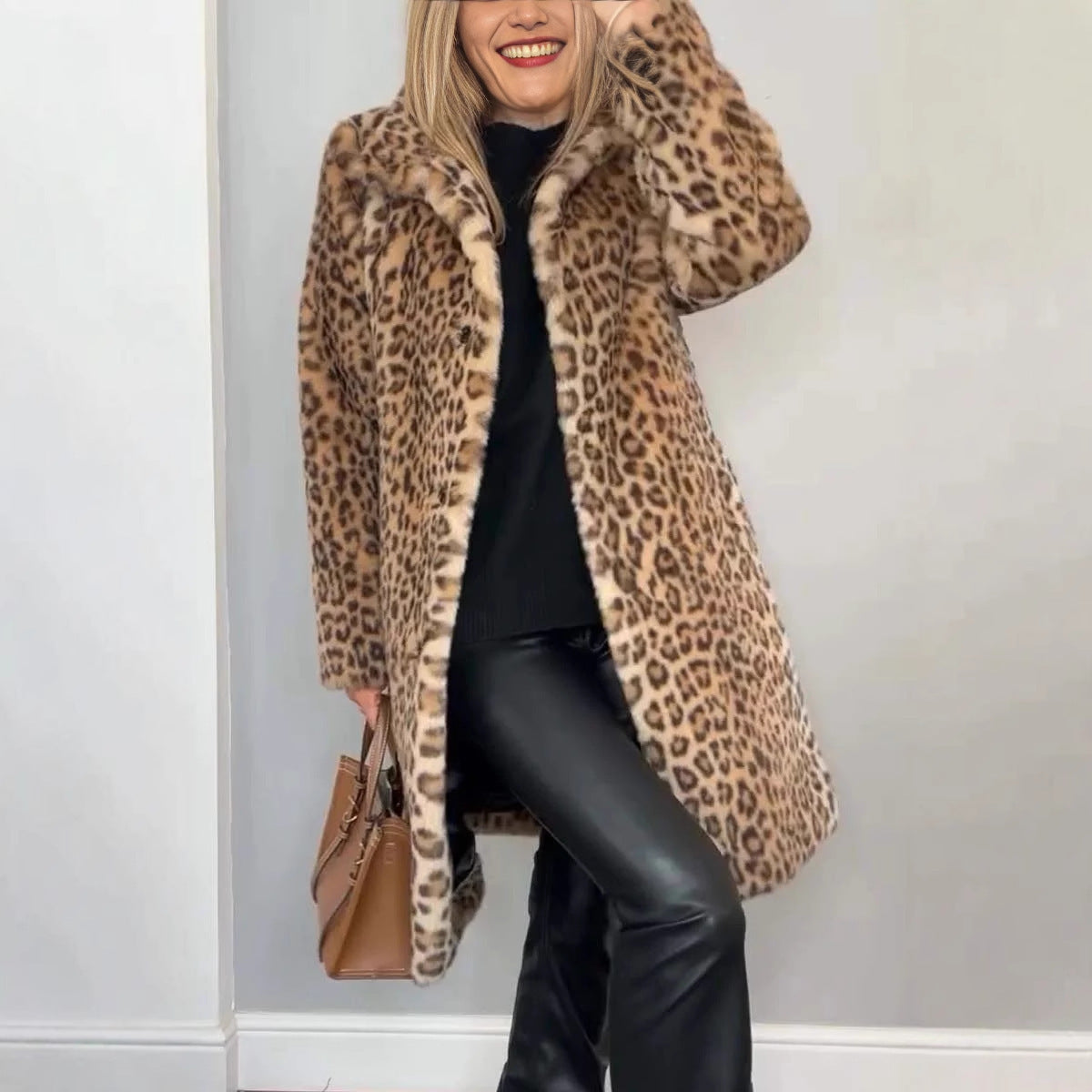 Women’s Leopard Print Plush Mid-Length Coat