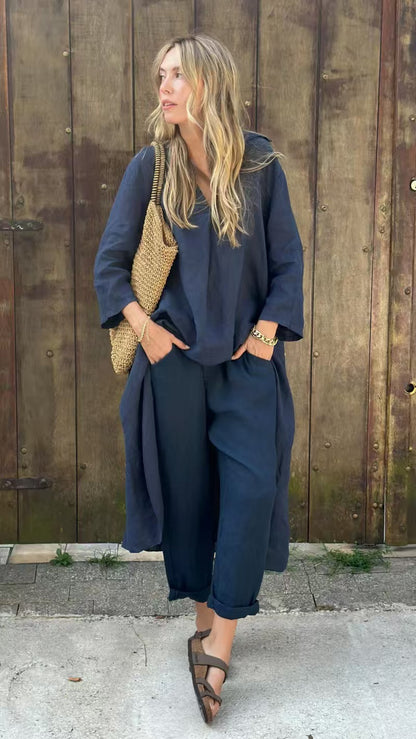 Long-sleeved Suits Loose V-neck Long Top And High Waist Wide Leg Pants With Pockets