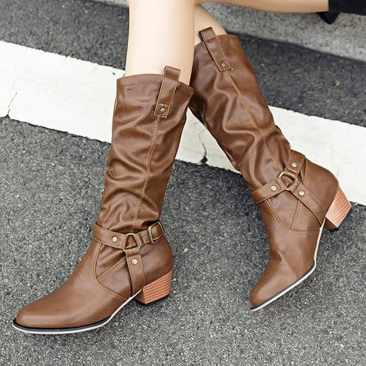 Women’s Belt Buckle Chunky Heel Boots