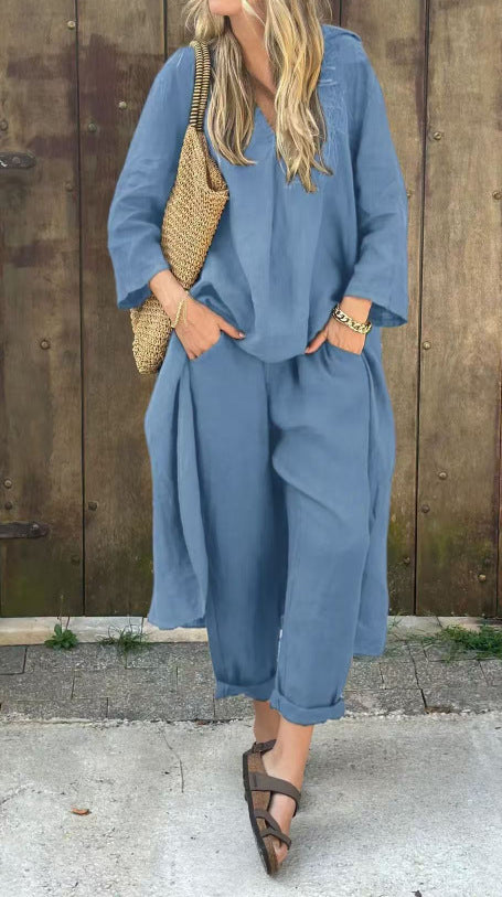 Long-sleeved Suits Loose V-neck Long Top And High Waist Wide Leg Pants With Pockets