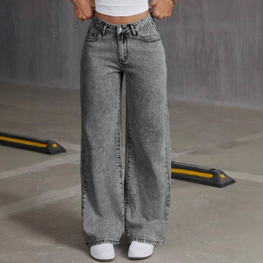 Embroidered Washed Jeans Straight Loose Trousers