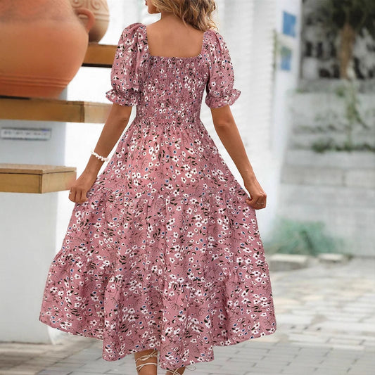 Women’s Ink Print Puffy Sleeve Lapel Tie Dress