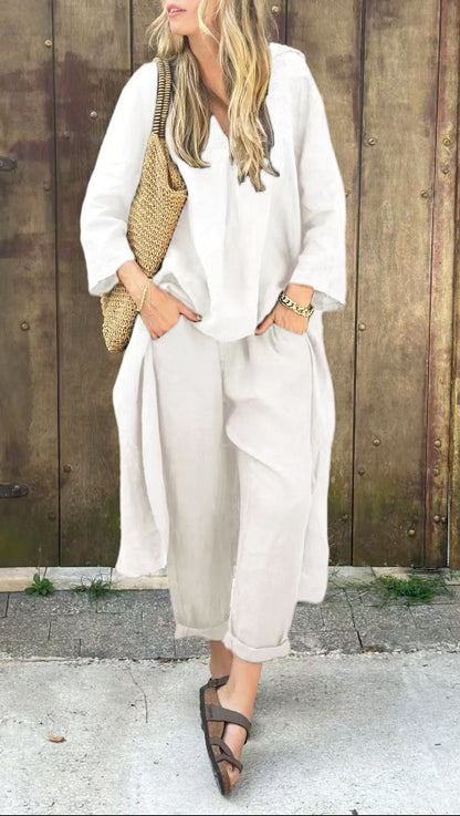 Long-sleeved Suits Loose V-neck Long Top And High Waist Wide Leg Pants With Pockets