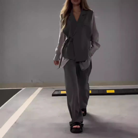 Patchwork Top Straight-leg Pants Suit