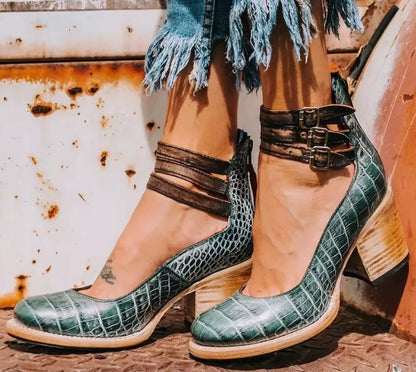 Three-Strap Snake Print High-Heel Pumps
