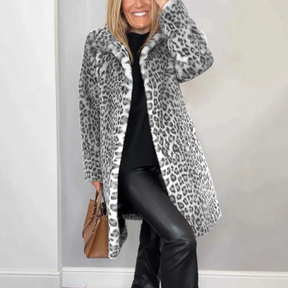 Women’s Leopard Print Plush Mid-Length Coat