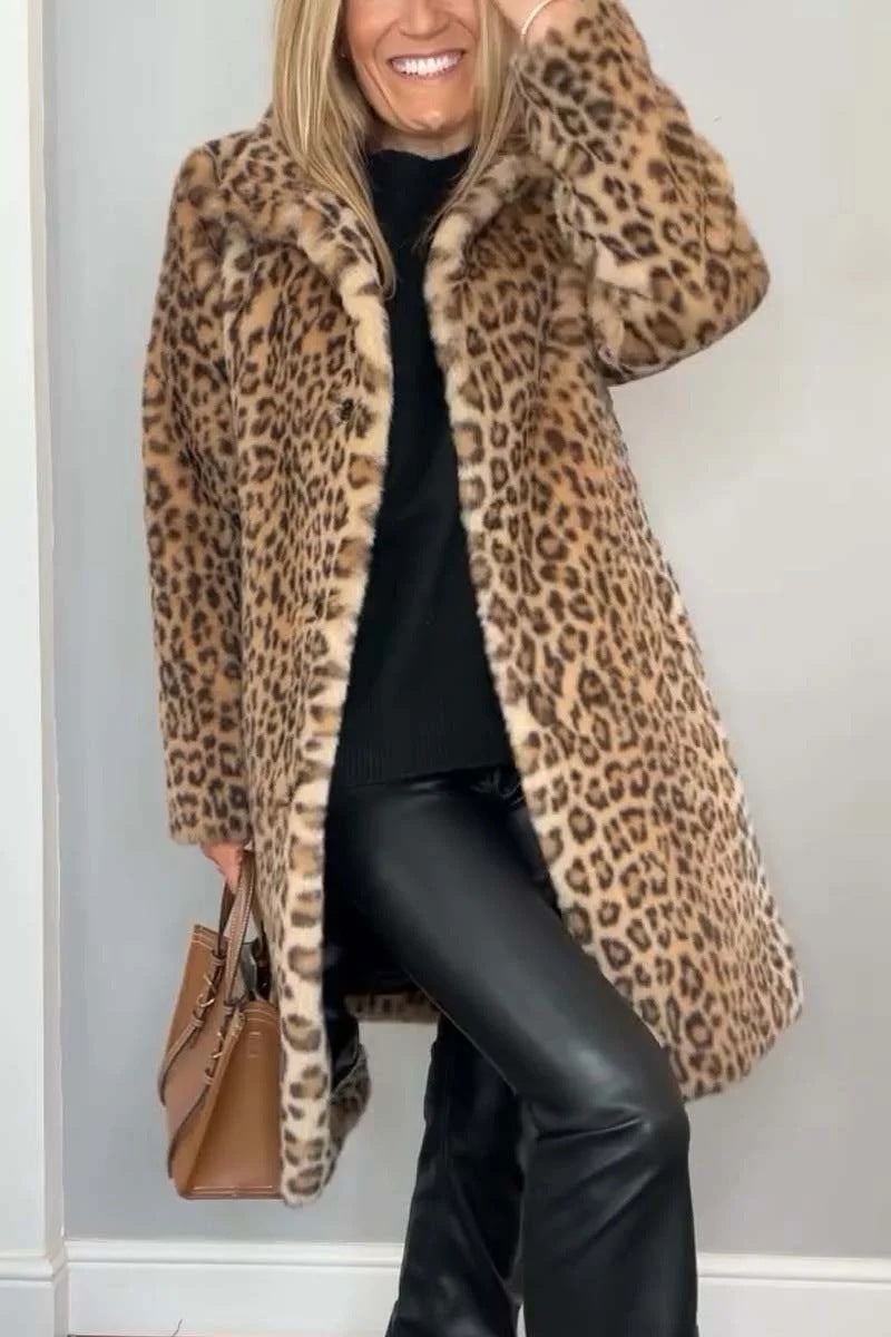 Women’s Leopard Print Plush Mid-Length Coat