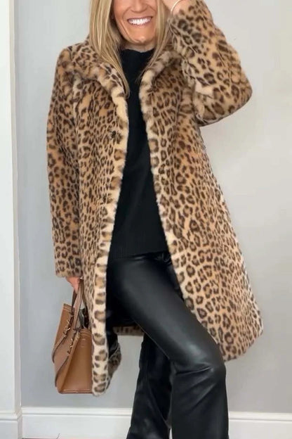 Women’s Leopard Print Plush Mid-Length Coat
