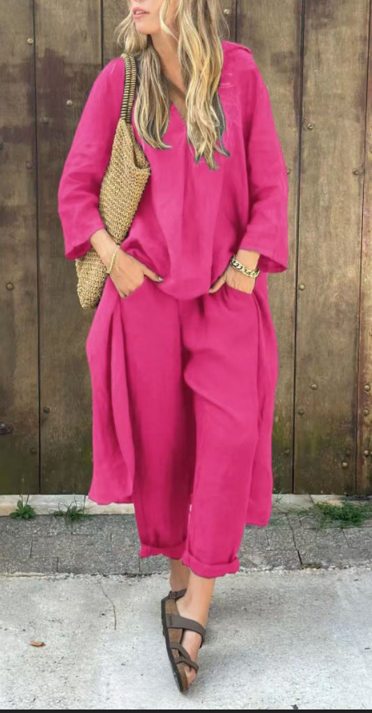 Long-sleeved Suits Loose V-neck Long Top And High Waist Wide Leg Pants With Pockets
