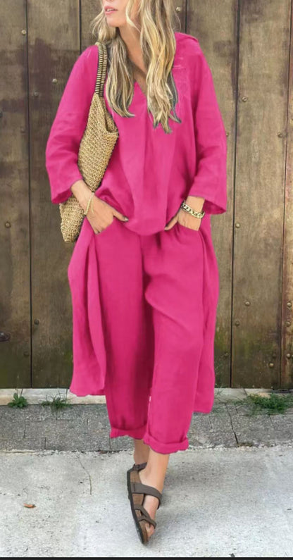 Long-sleeved Suits Loose V-neck Long Top And High Waist Wide Leg Pants With Pockets